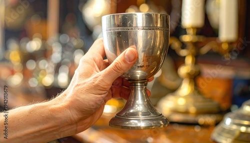 Detailed photographic capture of a hand polishing a tarnished antique silver chalice, restoring its shine.