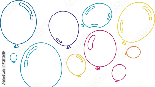 Outline drawing featuring a collection of colorful and stylized balloons floating gently against a clean white background for decoration