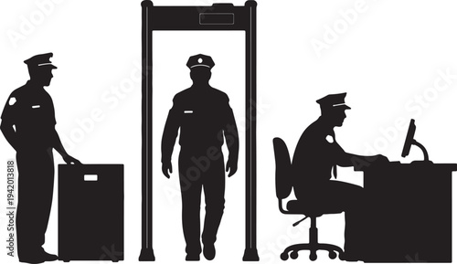 Black silhouettes of security checkpoint with metal detector and police officers also transparent background
