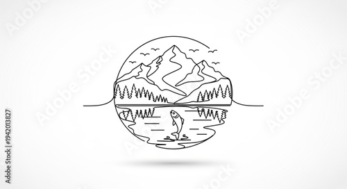 Minimalist Line Drawing of Mountain Lake Landscape.