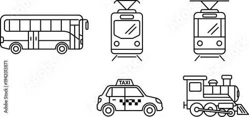 Collection of simple black outline icons representing various modes of urban and public transportation vehicles clearly displayed