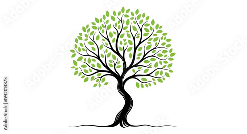 Stylized Tree Illustration with Twisted Trunk and Green Foliage.