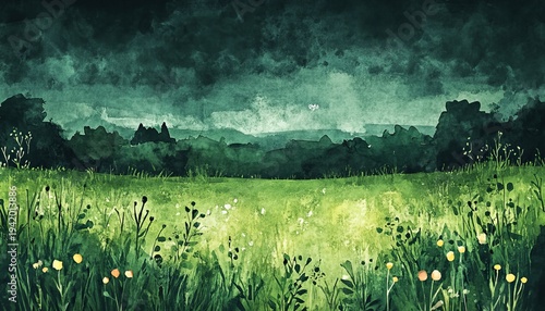 Lush green landscape filled with wildflowers under a dramatic cloudy sky creating a tranquil and serene atmosphere