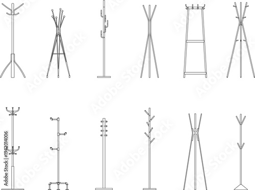 Coat Rack and Hat Stand Set, Hallway Clothes Hangers Collection, Furniture, Interior design, Editable Stroke, Vector, Illustration