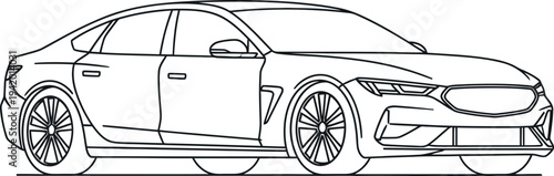 Simple black and white line art illustration of a modern four door sedan car viewed from the side profile perspective