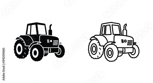 Two farm tractors one solid and one outlined in a black and white silhouette