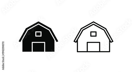 Two barn icons one filled and one outlined in a minimalist style silhouette