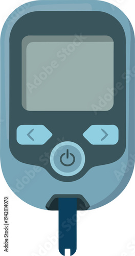 A modern blood glucose meter is shown with a screen, power button, and navigational arrow controls