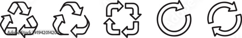 Five black and white recycle and regeneration symbols in different styles also transparent background