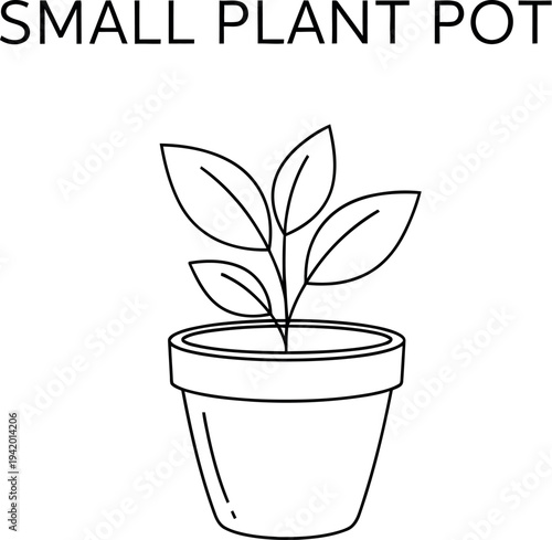 Simple black and white line art icon depicting a small potted plant seedling ready for easy digital use in gardening projects
