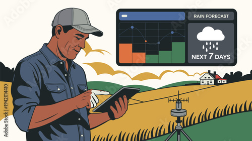 Agricultural worker using smart farming interface in field. Farmer interacting with digital farming interface showing crop metrics and satellite data while standing in farmland.