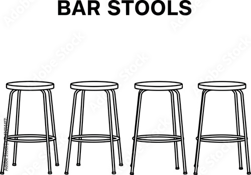 Row of four simple black and white line art bar stools ready for use in a kitchen or restaurant setting