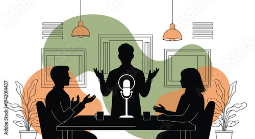 Vector illustration of 3 people in meeting with microphone