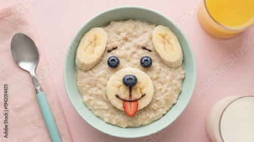 Creative oatmeal breakfast in dog face shape with fruit, healthy kids meal idea, fun nutritious food, cheerful morning, cute animal snack.
