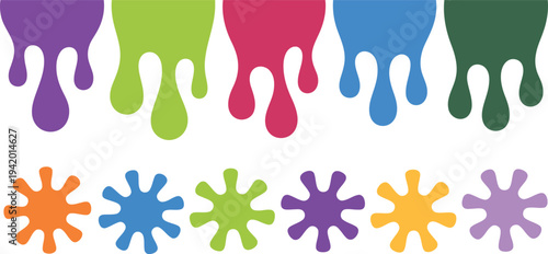 A playful collection of colorful paint drips and vibrant splatters arranged neatly across a clean white surface