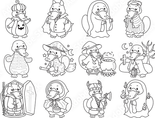 Cute set of platypus sticker with halloween activity. Platypus 