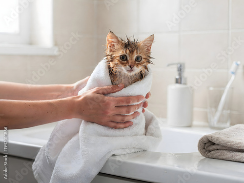 Wet kitten wrapped in towel after bath, held by hands in bathroom
