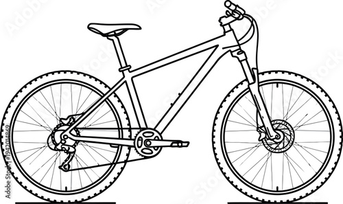 This detailed line art illustration showcases a modern mountain bike, perfect for outdoor adventure and sporting activities, presented as a clean vector graphic.