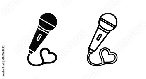 Two black microphone icons with heart shaped cables a distinct silhouette