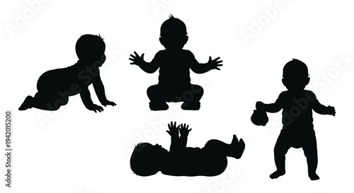 Babies in various poses crawling and playing depicted in silhouette