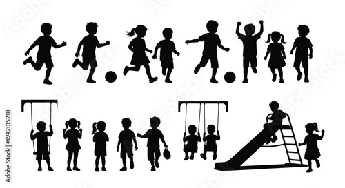 Children playing on a playground with swings and a slide silhouette