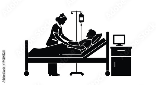 Nurse tending to patient in hospital bed dramatic silhouette