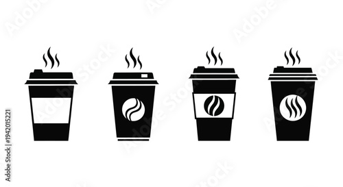 Four steaming coffee cups in a minimalist black silhouette