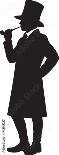 Silhouette of a man in hat and long coat smoking a pipe also transparent background