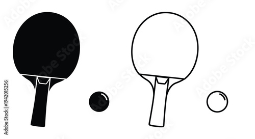 Two table tennis paddles and balls in contrasting styles silhouette