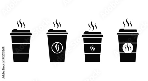 Four steaming coffee cups displayed in a minimalist black silhouette