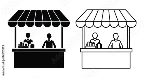 Two market stalls with vendors depicted in a striking silhouette