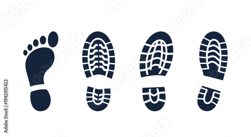 Footprints showing a bare foot and three different shoe soles silhouette