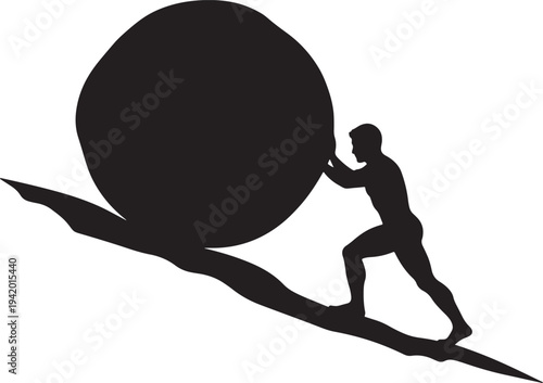 Silhouette of a man pushing a large black boulder uphill also transparent background
