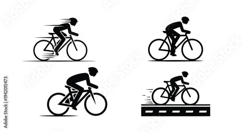 Four cyclists in motion depicted as a minimalist black silhouette