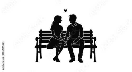 Couple sitting on a park bench gazing at a floating heart silhouette