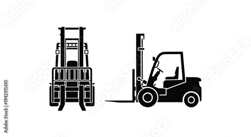 Two black forklift trucks depicted in a striking graphic silhouette