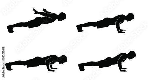Four stages of a push up exercise depicted in black silhouette