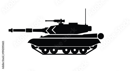 A black silhouette of a modern military tank side view silhouette