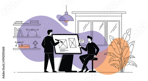 Vector illustration of two businessmen discussing data on whiteboard in office setting