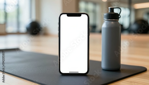 Wallpaper Mural Smartphone and water bottle on yoga mat in fitness studio modern lifestyle inspirational environment Torontodigital.ca