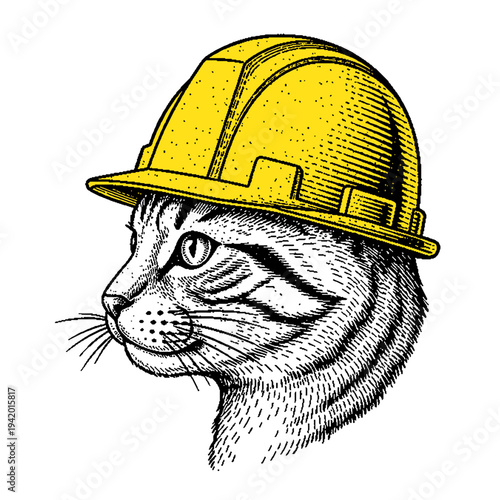 cat wearing yellow hard hat, construction worker helmet illustration