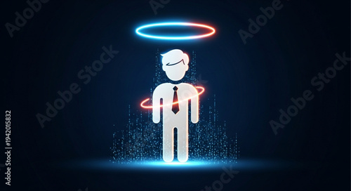 Digital Illustration of an Angel with Neon Halo and Wings.
