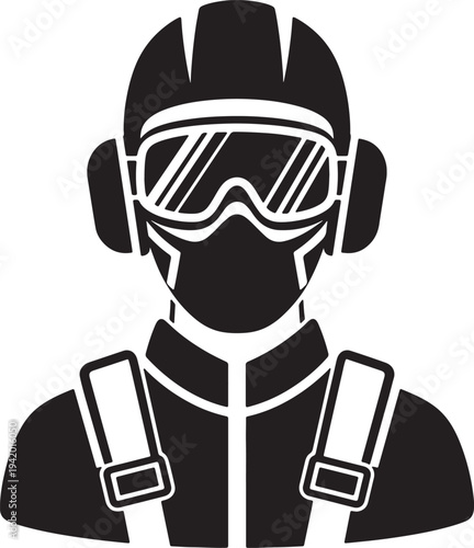Silhouette of a person in black wearing helmet safety goggles and ear muffs also transparent background