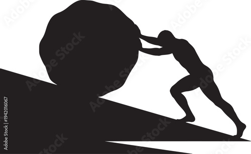 Silhouette of a person pushing a large round boulder uphill also transparent background struggle