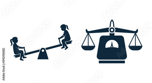 Justice concept with seesaw and scales of justice silhouette