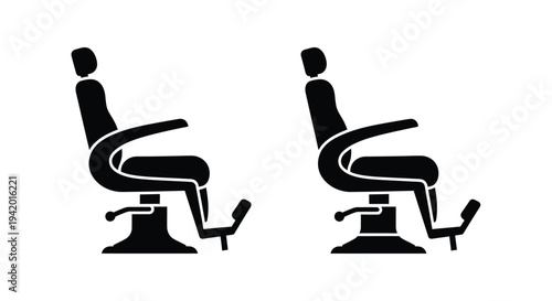Two barber chairs depicted in a stark black silhouette