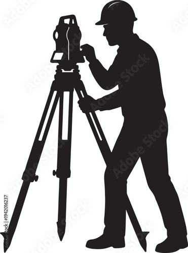 Silhouette of a person using a surveying instrument on a tripod also transparent background black