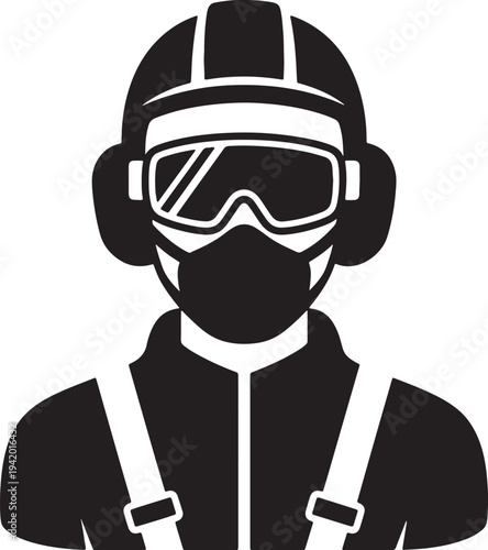 Silhouette of a person wearing a helmet goggles and earmuffs with straps over a jacket also transparent background
