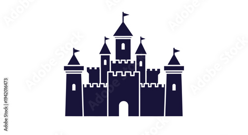 Dark blue castle illustration with multiple towers a striking silhouette