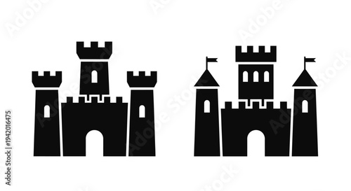 Two black castle outlines showcase medieval architecture a striking silhouette